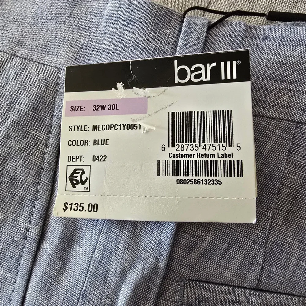Bar III Slim-Fit Linen Dress Pants‎ Mens 32x30 Light Blue NEW